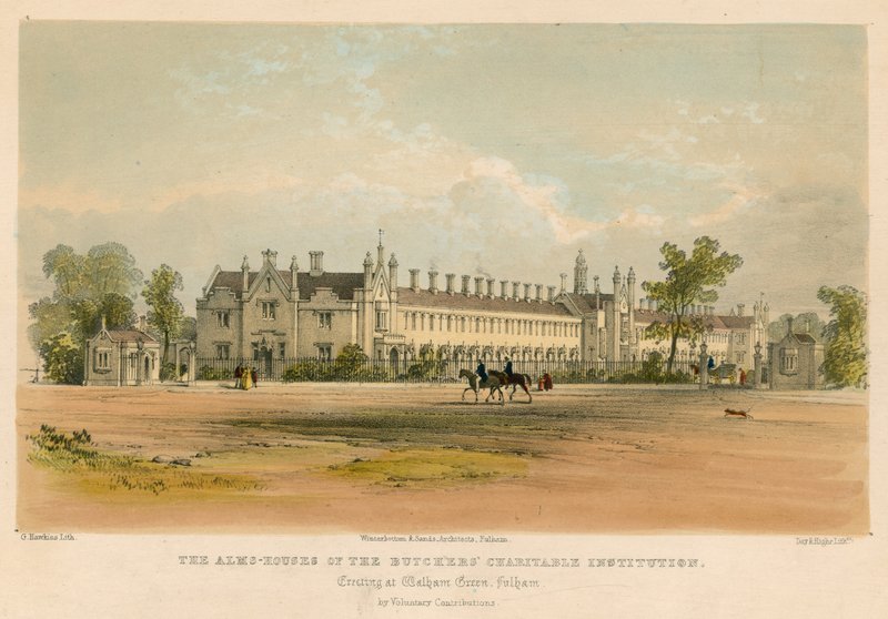 Almužny charitativního ústavu řezníků, postavený ve Walham Green, Fulham, Londýn od George Hawkins