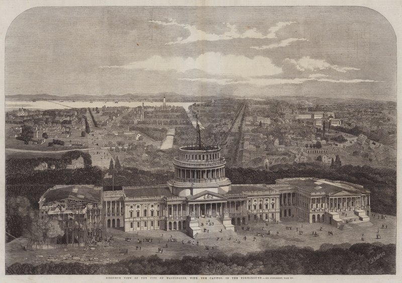 Pohled z ptačí perspektivy na město Washington s Kapitolem v popředí od George Henry Andrews