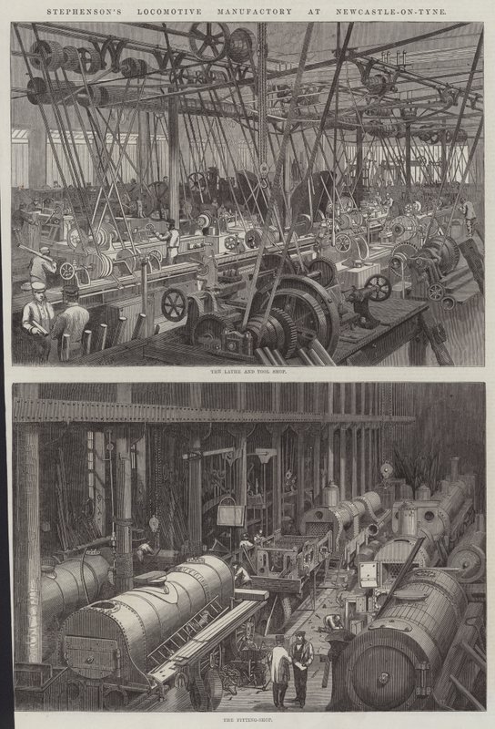 Stephensonova lokomotivní manufaktura v Newcastle-on-Tyne od George Henry Andrews