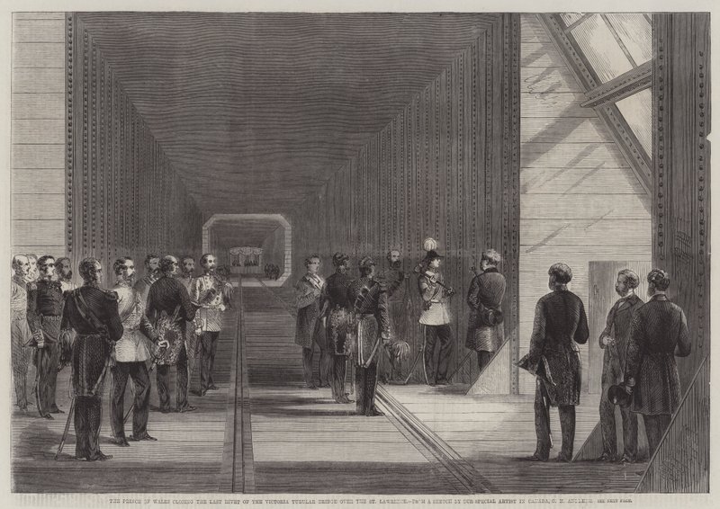 Princ z Walesu zavírá poslední nýt trubkového mostu Victoria přes řeku Svatého Vavřince od George Henry Andrews