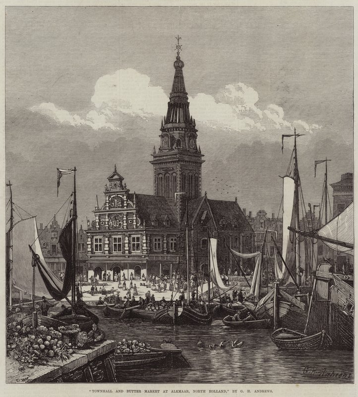 Radnice a trh s máslem v Alkmaaru, Severní Holandsko od George Henry Andrews