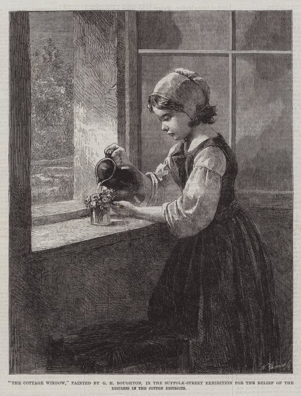 The Cottage Window, výstava na Suffolk Street pro úlevu v nouzi v Cotton Districts od George Henry Boughton
