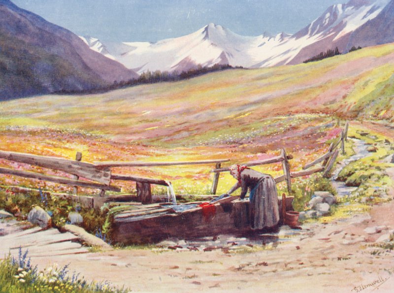 Počátkem června pole za Praz de Fort v údolí Val Ferret, za nimiž stojí Groupe du Grand Saint-Bernard et du Grand Golliaz (barevná litografie) od George Jackson Flemwell
