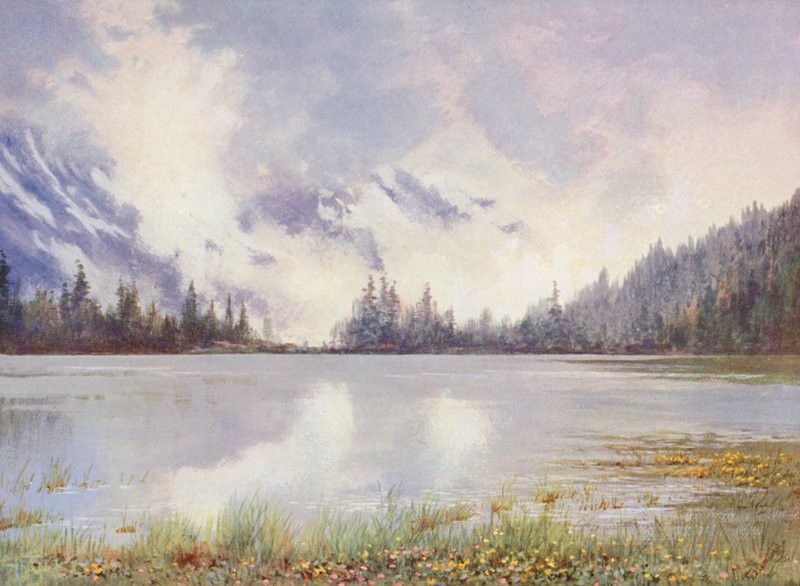 Jezero Champex v mracích na konci května; Caltha palustris a Primula farinosa u břehu (barevná litografie) od George Jackson Flemwell
