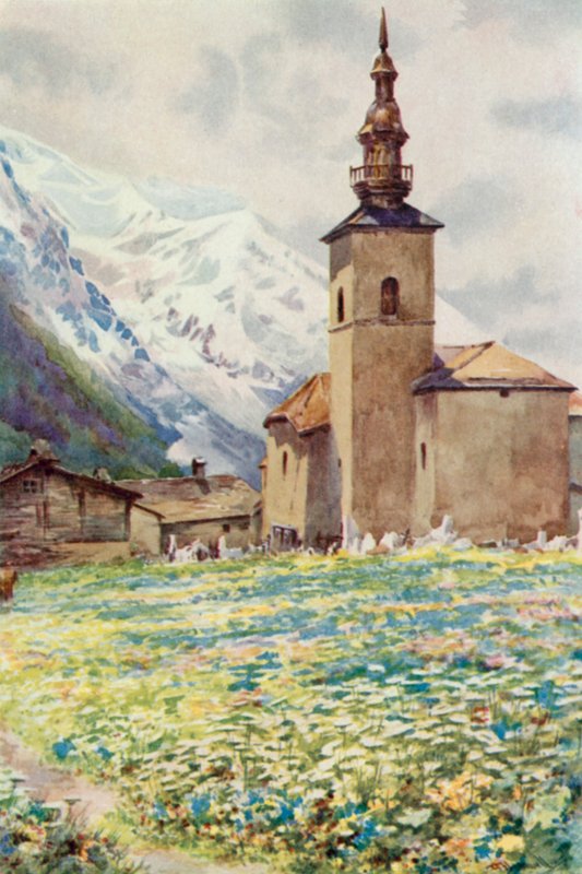 Mont Blanc a kostel Argentiere (barevné lito) od George Jackson Flemwell