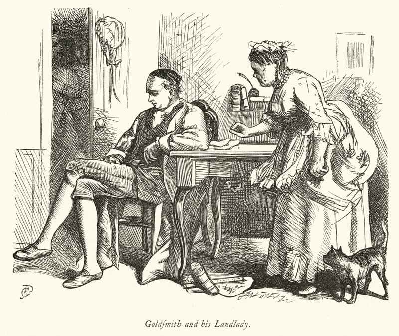 Oliver Goldsmith a jeho bytná (rytina) od George John Pinwell