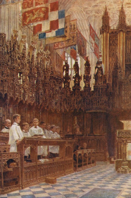 Kaple svatého Jiří, večerní zpěv (barevná litografie) od George Moore Henton
