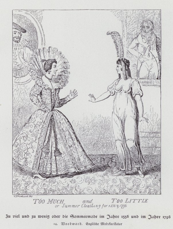 Příliš mnoho a příliš málo, letní oblečení pro roky 1556 a 1796 (litho) od George Moutard (after) Woodward