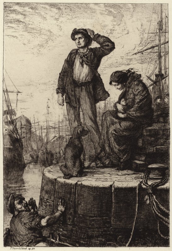Mladá emigrantská rodina čekající v docích od George Percy Jacomb Hood