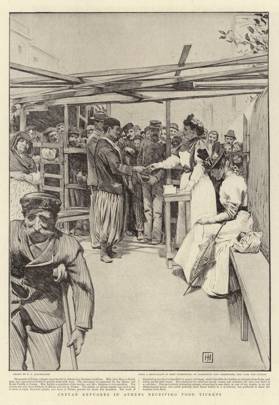 Krétští uprchlíci v Aténách dostávají lístky na jídlo od George Percy Jacomb Hood