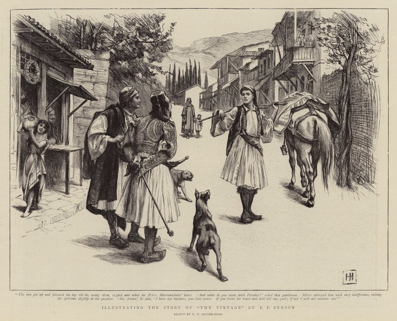 Ilustrující příběh vinobraní od E F Bensona od George Percy Jacomb Hood