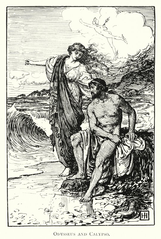 Odyssea: Odysseus a Calypso (rytina) od George Percy Jacomb Hood