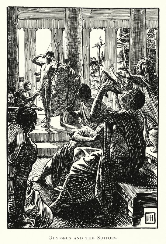 Odyssey: Odysseus a nápadníci (rytina) od George Percy Jacomb Hood