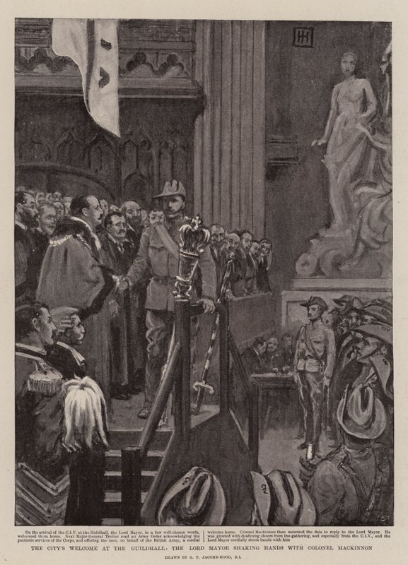 Město je vítáno v Guildhall, primátor si potřásá rukou s plukovníkem Mackinnonem od George Percy Jacomb Hood