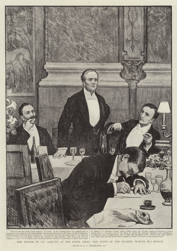 Večeře pro pana Asquitha v hotelu Cecil, hosta večera, který pronesl svůj projev od George Percy Jacomb Hood