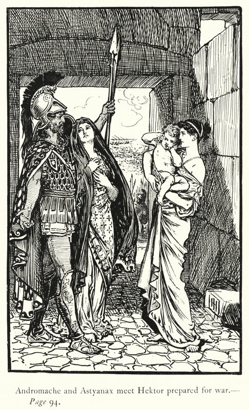 Ilias: Andromache a Astyanax se setkávají s Hektorem připraveným na válku (rytina) od George Percy Jacomb Hood