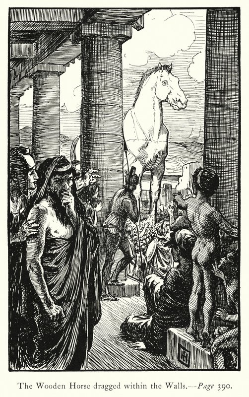 Ilias: Dřevěný kůň tažený ve zdech (rytina) od George Percy Jacomb Hood