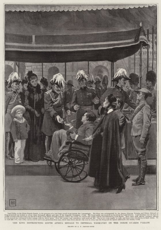 Král rozdává jihoafrické medaile imperiálnímu rytíři na přehlídce koňských stráží od George Percy Jacomb Hood