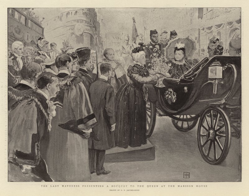 Lady Mayoress předává kytici královně v Mansion House od George Percy Jacomb Hood