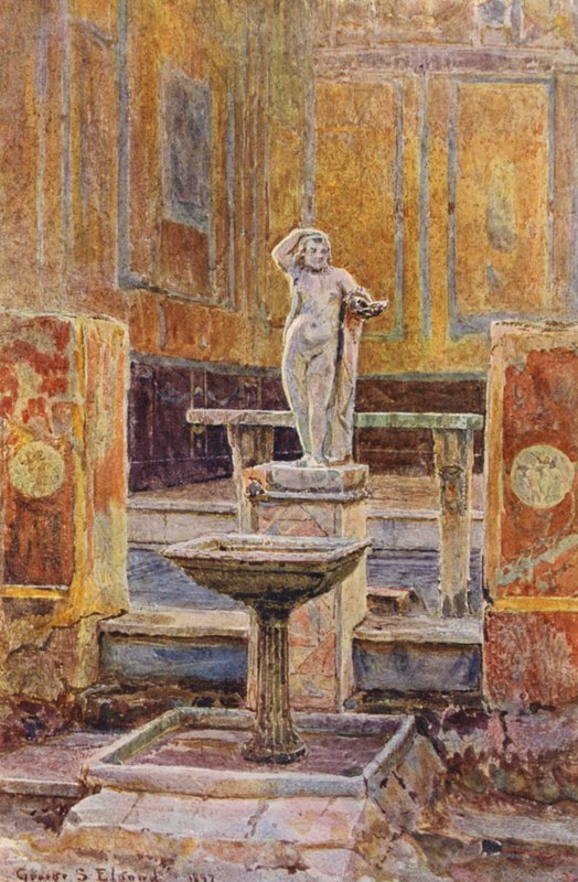 Italské zahrady: Dům s visutým balkonem, Pompeje (barevná litografie) od George Samuel Elgood