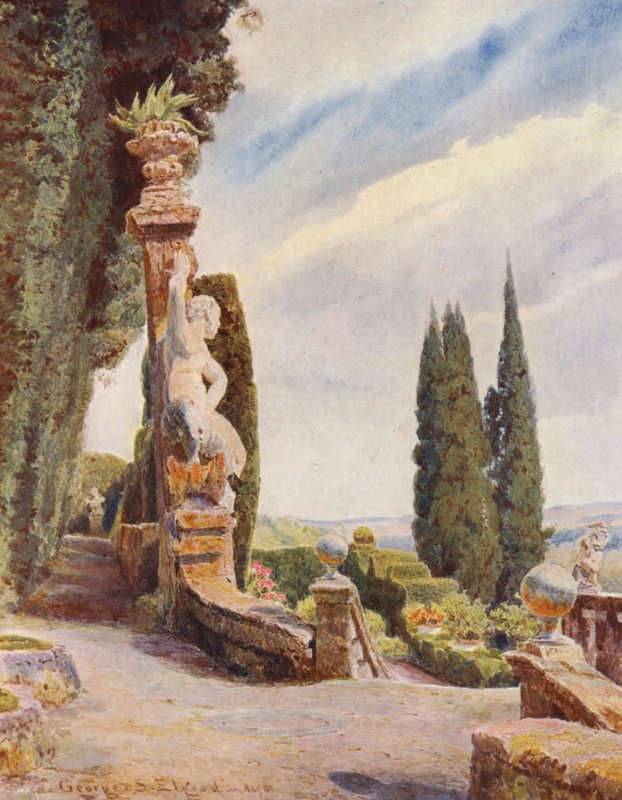 Italské zahrady: Hlava velkého schodiště, Villa Garzoni (barevná litografie) od George Samuel Elgood