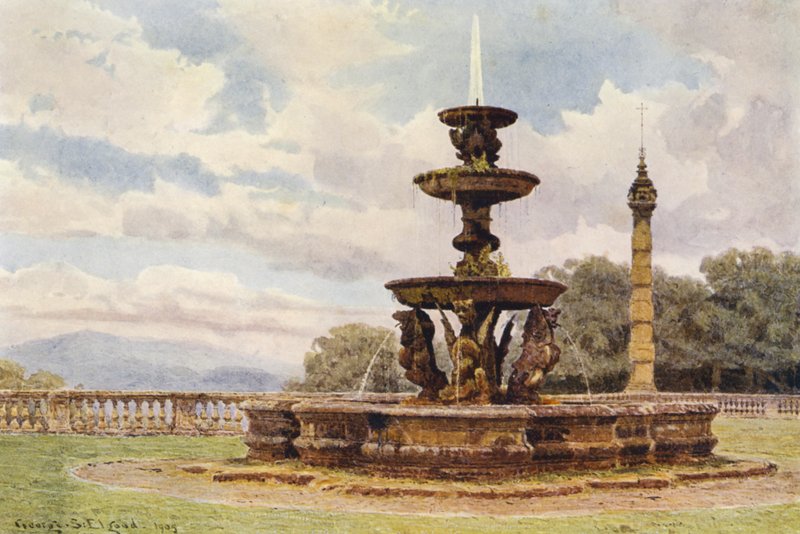 Italské zahrady: Dračí fontána, Villa Mondragone (barevná litografie) od George Samuel Elgood