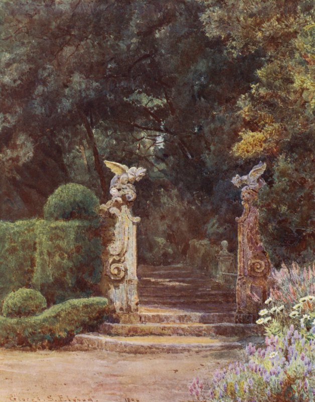 Italské zahrady: Dračí brána, Villa Garzoni (barevná litografie) od George Samuel Elgood