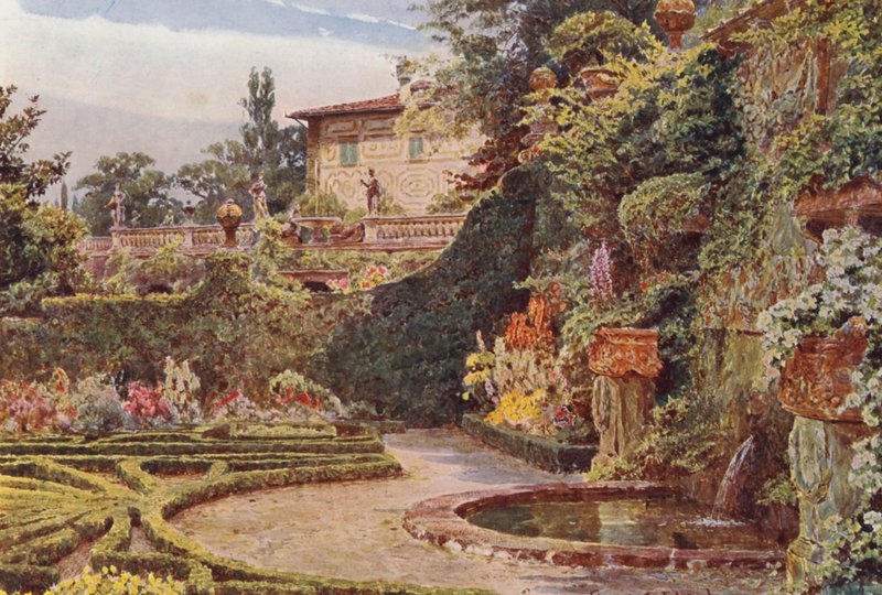 Italské zahrady: Palazzo z parku, Villa Palmieri (barevná litografie) od George Samuel Elgood