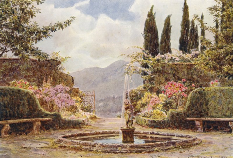 Italské zahrady: Villa Cavagnaro, The Parterre (barevná litografie) od George Samuel Elgood