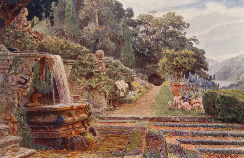 Italské zahrady: (barevná litografie): Villa Cicogna, Pod kaskádou (barevná litografie) od George Samuel Elgood