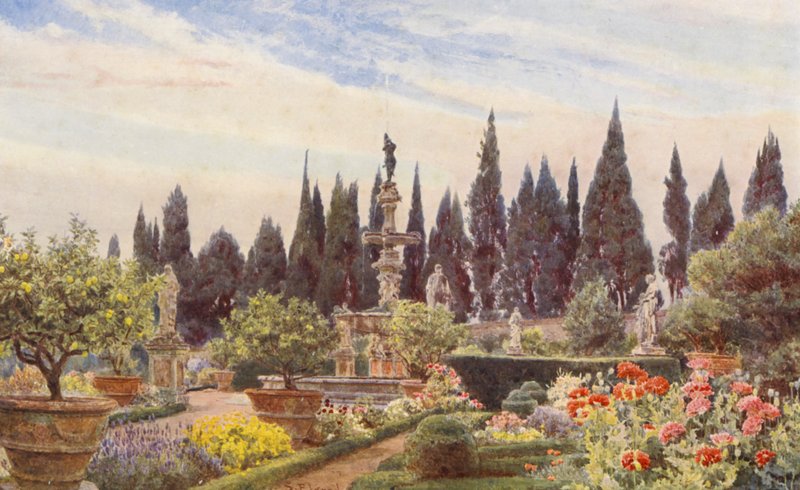 Italské zahrady: Villa Reale di Castello (barevná litografie) od George Samuel Elgood