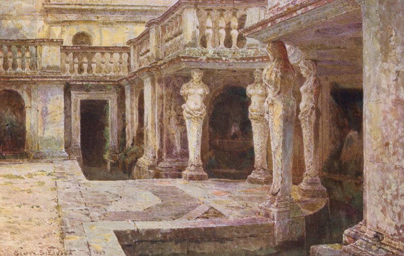Italské zahrady: Villa di Papa Giulio (barevná litografie) od George Samuel Elgood