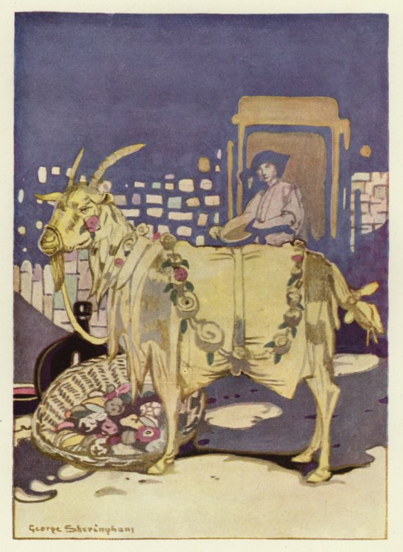 Nakoupil velké množství jídla, vložil je do košíku a odnesl do zvířecího dvora (barva litho) od George Sheringham