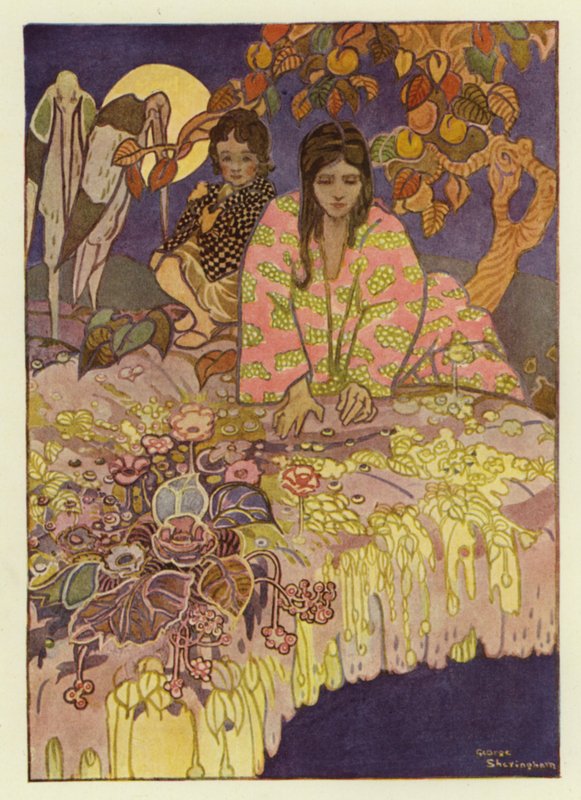 Dívka se podívala skrz díru a uviděla zemi hluboko pod sebou (barva litho) od George Sheringham