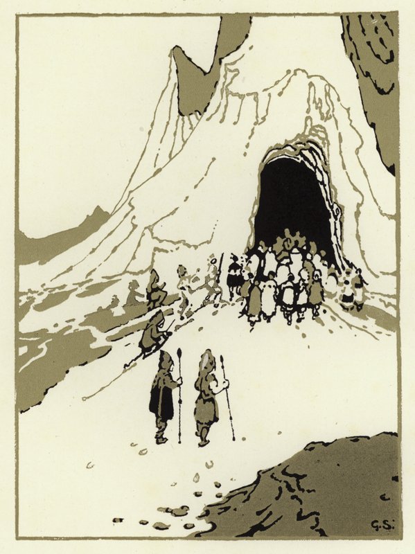 Lidé se vydali hledat obry, brzy přišli do jejich jeskyně (barva litho) od George Sheringham