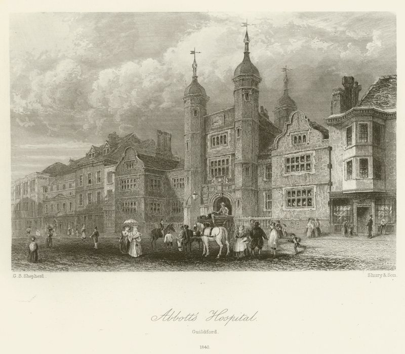 Nemocnice Abbotts, Guildford, 1840 od George Sidney after Shepherd