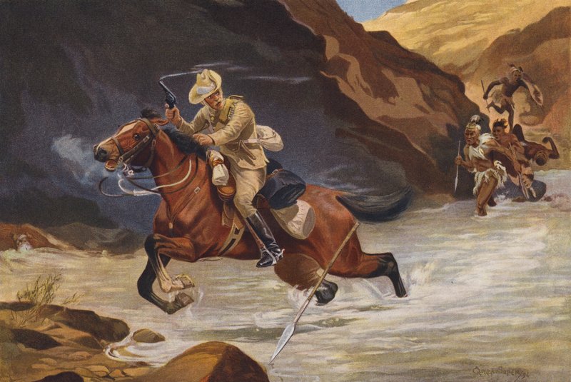 Dispečerský jezdec je napaden africkými válečníky (barva litho) od George Soper