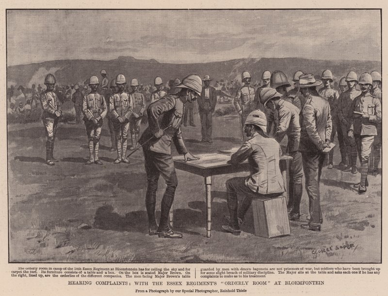 Projednávání stížností s pořádkovou místností Essex Regiments v Bloemfonteinu od George Soper