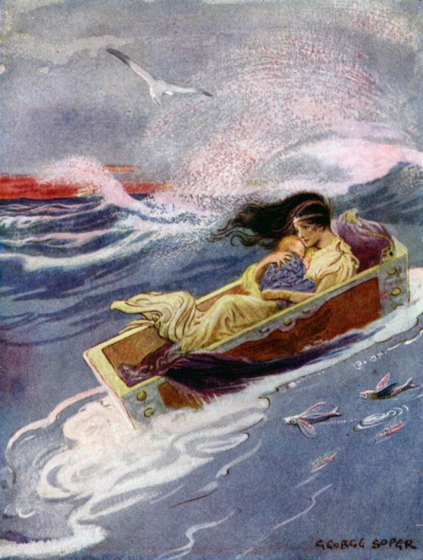 Perseus: "A pryč a na moře se vznášela matka a její dítě" (barva litho) od George Soper