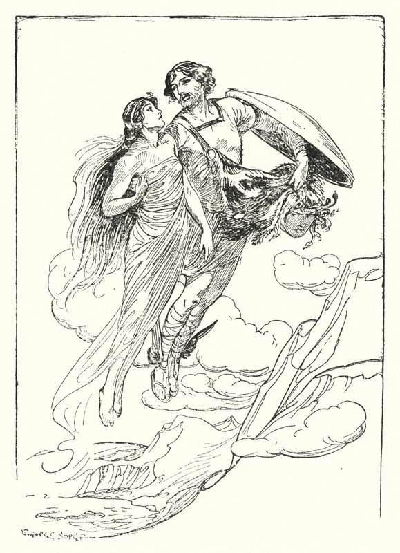 Perseus: „Perseus zvedl svou krásnou Andromedu do náruče a uprchl s ní na vrchol útesu“ (litho) od George Soper