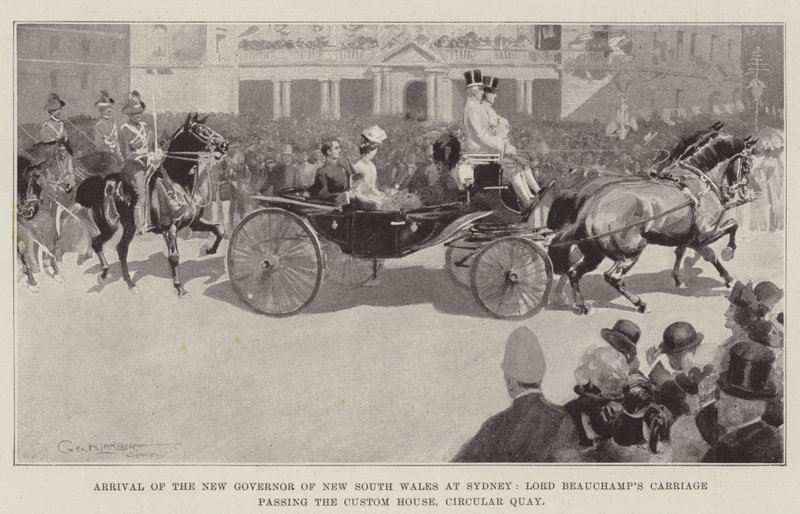 Příjezd nového guvernéra Nového Jižního Walesu do Sydney, kočár lorda Beauchampa projíždí kolem celnice na Circular Quay od George Washington Lambert