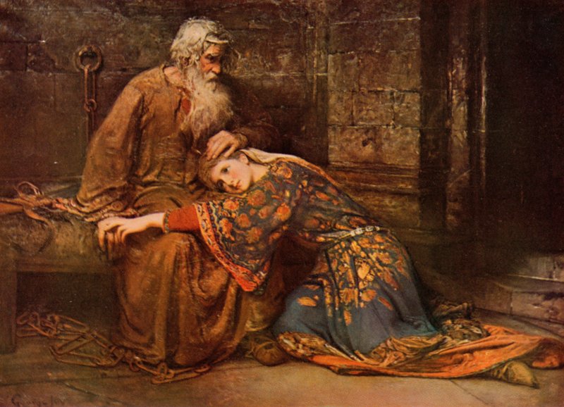 Shakespeare: Cordelie utěšující krále Leara ve vězení, Král Lear, V. dějství, scéna 3 (barevné lito) od George William (after) Joy