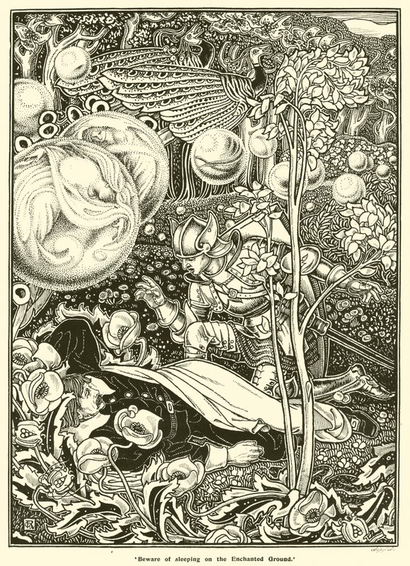 Pozor na spaní na začarované zemi (rytina) od George Woolliscroft Rhead