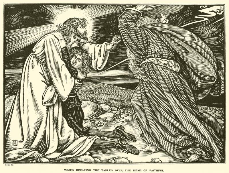 Mojžíš lámal stoly nad hlavou věrného (rytina) od George Woolliscroft Rhead