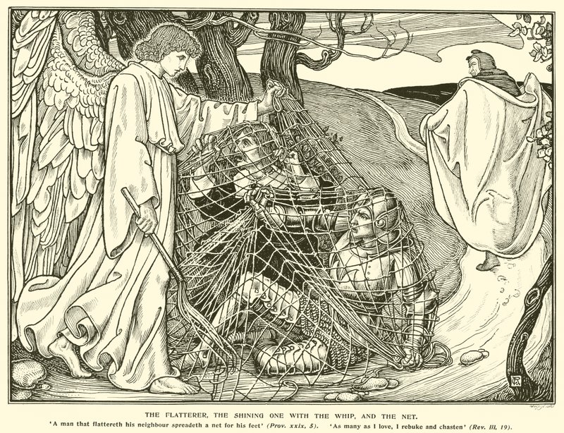 Lichotník, zářící s bičem a sítí (rytina) od George Woolliscroft Rhead