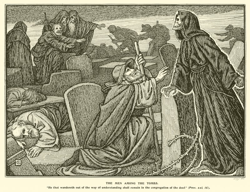Muži mezi hrobkami (rytina) od George Woolliscroft Rhead