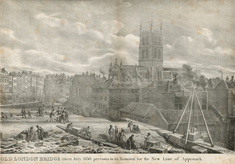 Old London Bridge přijatý v červenci 1830, před jeho odstraněním pro novou linii přístupu od George the Elder Scharf