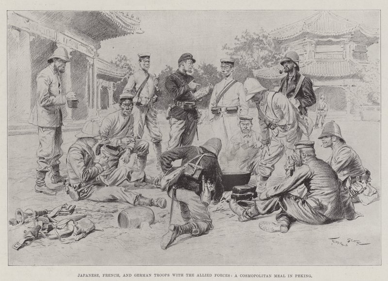 Japonské, francouzské a německé jednotky se spojeneckými silami, kosmopolitní jídlo v Pekingu od Georges Bertin Scott