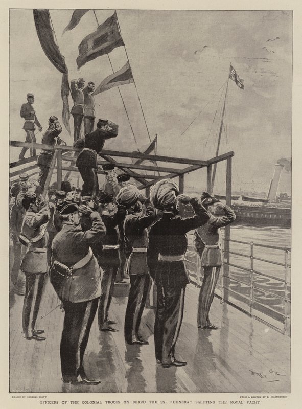 Důstojníci koloniálních jednotek na palubě SS Dunera zdraví královské jachtě od Georges Bertin Scott