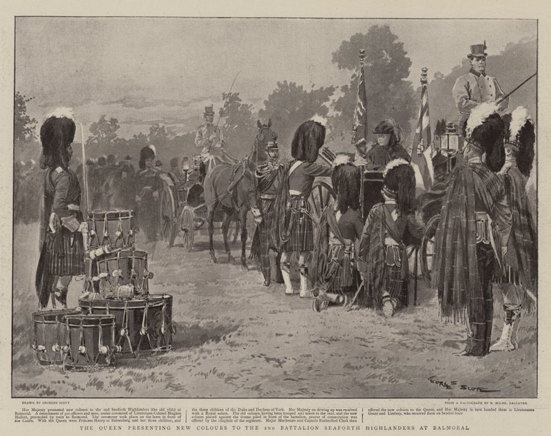 Královna představuje nové barvy 2. praporu Seaforth Highlanders v Balmoral od Georges Bertin Scott